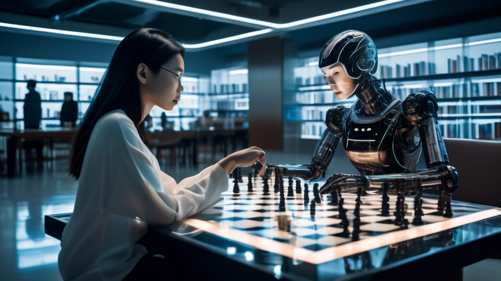 An image of a futuristic AI robot and a human sitting across from each other at a sleek, high-tech chessboard. The setting is a well-lit, modern library filled with books and digital screens displayin