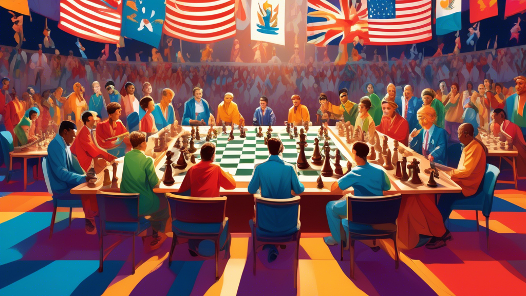 An artist's rendition of a grand Olympic-style chess tournament with diverse players from around the world seated at ornate chess tables, set in a large, brightly lit arena adorned with flags of vario