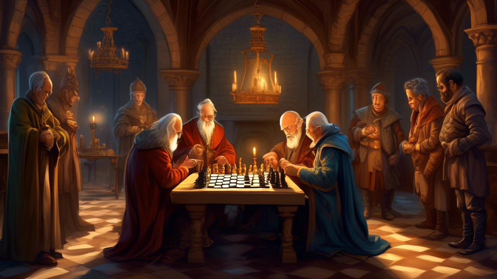 An imaginative medieval scene in a grand castle hall in England, where a wise, elderly scholar dressed in historical robes introduces the game of chess to a curious group of English nobles, with detai