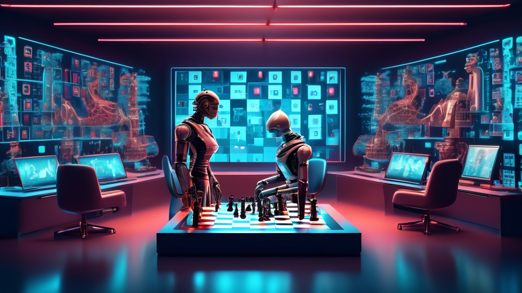 An illustration of a futuristic chessboard with a highly detailed AI robot and a human engaging in a game of chess, set in a modern, sleek, technologically advanced room filled with screens displaying