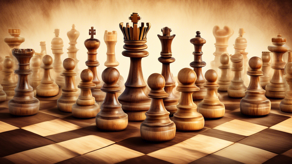 A vibrant, detailed illustration of a classic wooden chessboard set up for a game, each type of chess piece (pawn, rook, knight, bishop, queen, king) is magnified and semi-transparent, with arrows ema