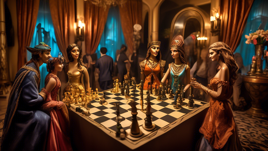 A whimsical and lavish themed party featuring a variety of ornate chess sets, each representing different historical eras and cultures such as Medieval, Egyptian, and futuristic themes, displayed acro