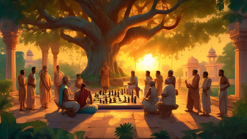 An ancient Indian setting with scholars and royalty gathered under a large banyan tree, playing and discussing the early rules of chess, surrounded by lush gardens and intricate architecture, as the s