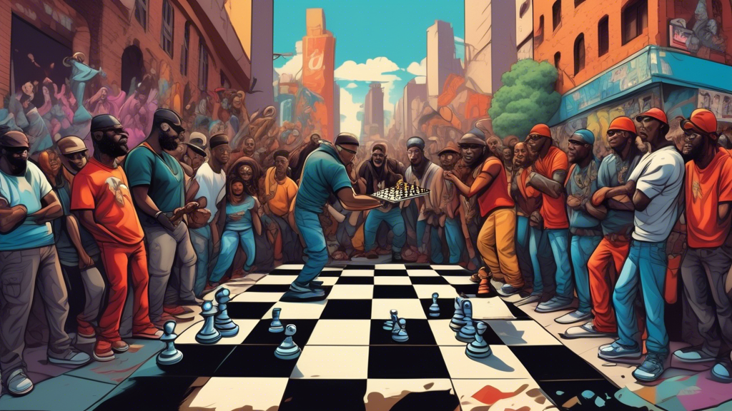 An artistic representation of a chess board setup on an urban street corner, with chess pieces caricatured as battle rappers, while two main pieces resembling Chess and Eazy The Block Captain face off