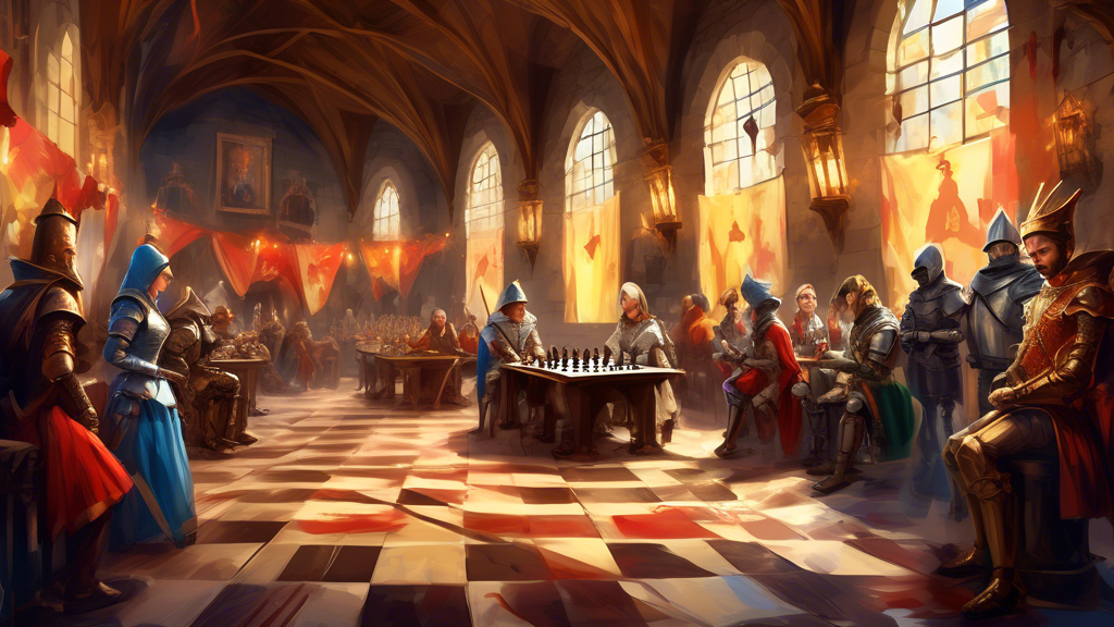 An imaginative digital painting of a medieval-themed chess tournament in a grand castle hall, where each player is dressed as a knight or queen, with spectators in period costumes watching intense gam