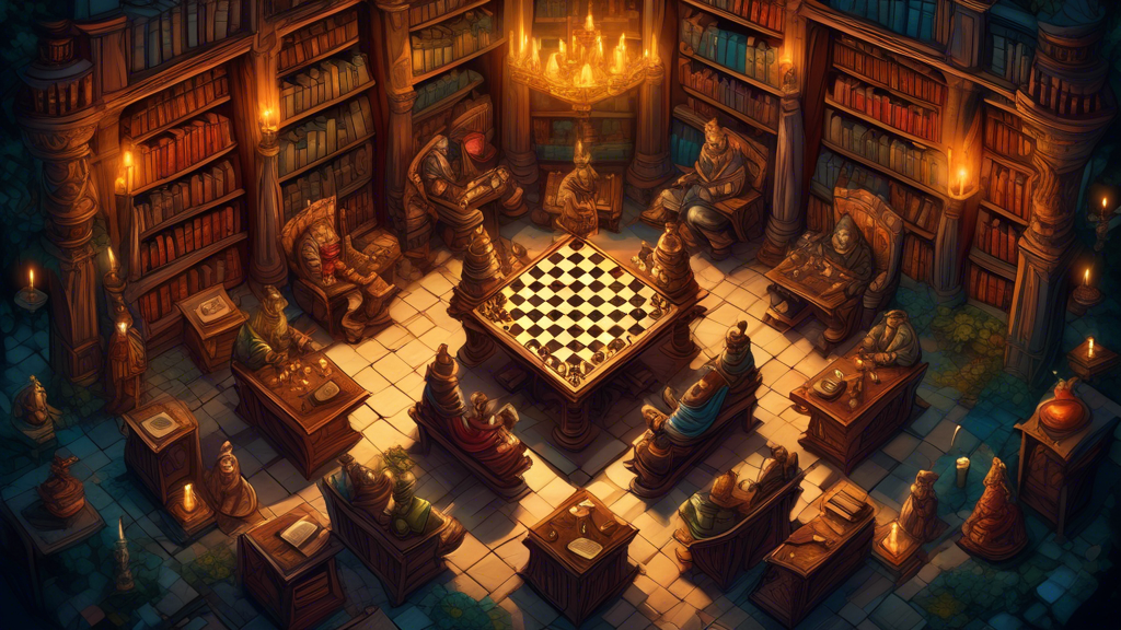 An intricate chessboard from above, with each piece uniquely personified as medieval characters strategizing in a lush, ancient library setting, with books and scrolls detailing chess moves illuminate