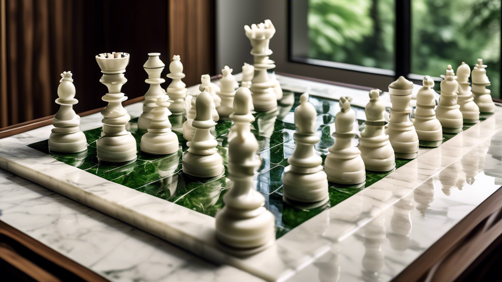 Create an image of an intricate, high-end chess set where all the pieces and the board are made of different types of polished marble, set against the backdrop of a luxurious, modern study room with f