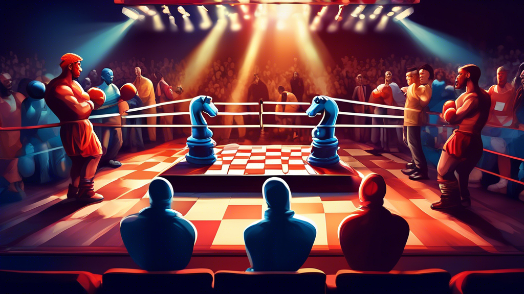 An athletic hybrid event combining chess and boxing in a dramatic arena, with two opponents seated at a chessboard in a boxing ring, chess pieces and gloves illuminated by dramatic spotlighting, with 
