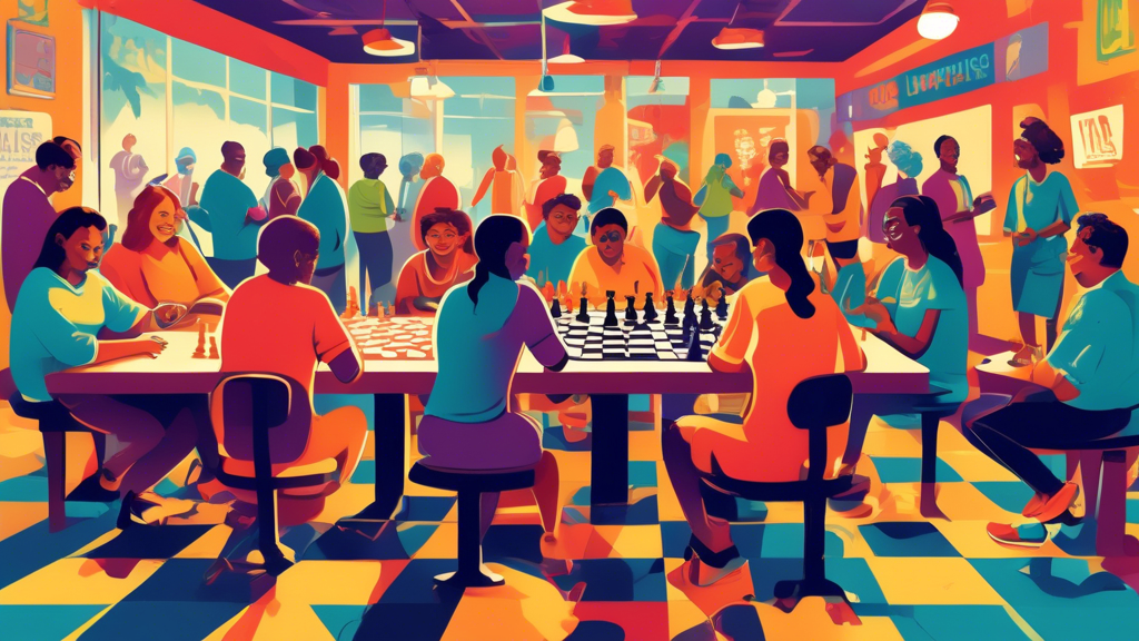 A vibrant, colorful illustration of a bustling local chess club scene with diverse members of all ages, backgrounds, and genders sitting around several chess tables, engaging in games or discussions. 