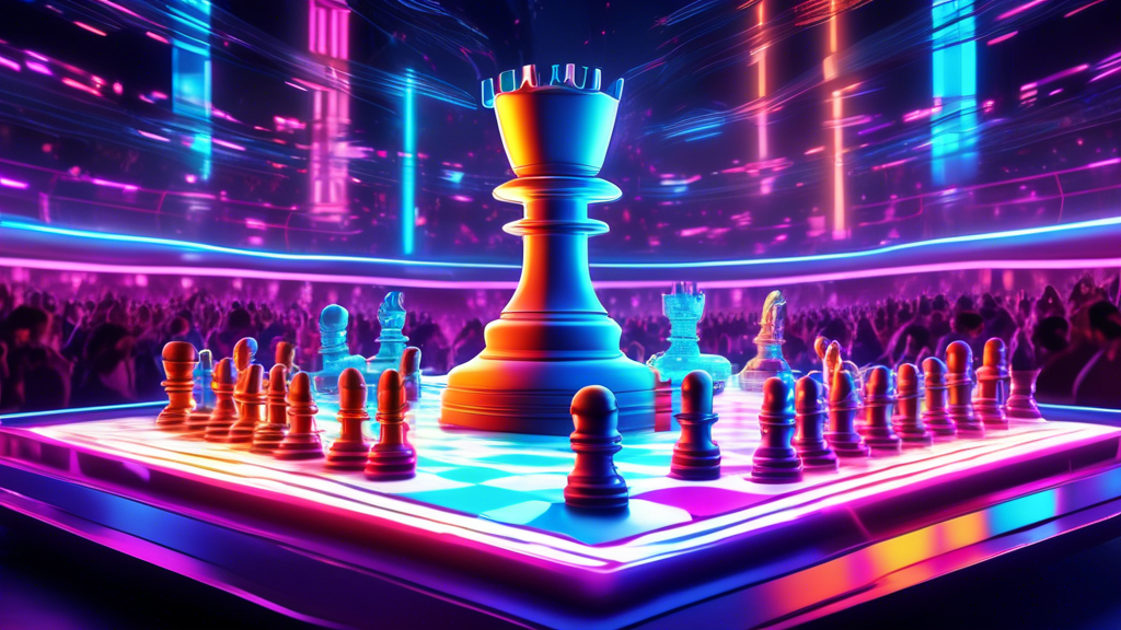 An intricate digital artwork showcasing a futuristic chessboard with holographic pieces, each dynamically animated to move in real-time, set against a backdrop of a bustling, high-tech gaming tourname