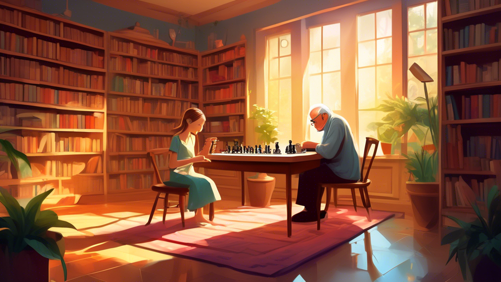 A serene study room with a large wooden chessboard on a table, an elderly man and a young girl concentrating deeply, playing chess, with sunlight filtering through windows, surrounded by bookshelves f