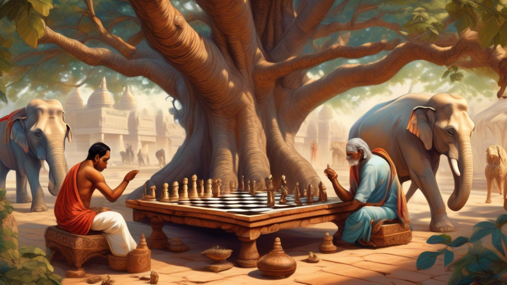 An ancient Indian setting, with two scholars seated on ornate rugs under a large banyan tree, deeply engrossed in playing Chaturanga on a beautifully crafted wooden board, surrounded by stone sculptur