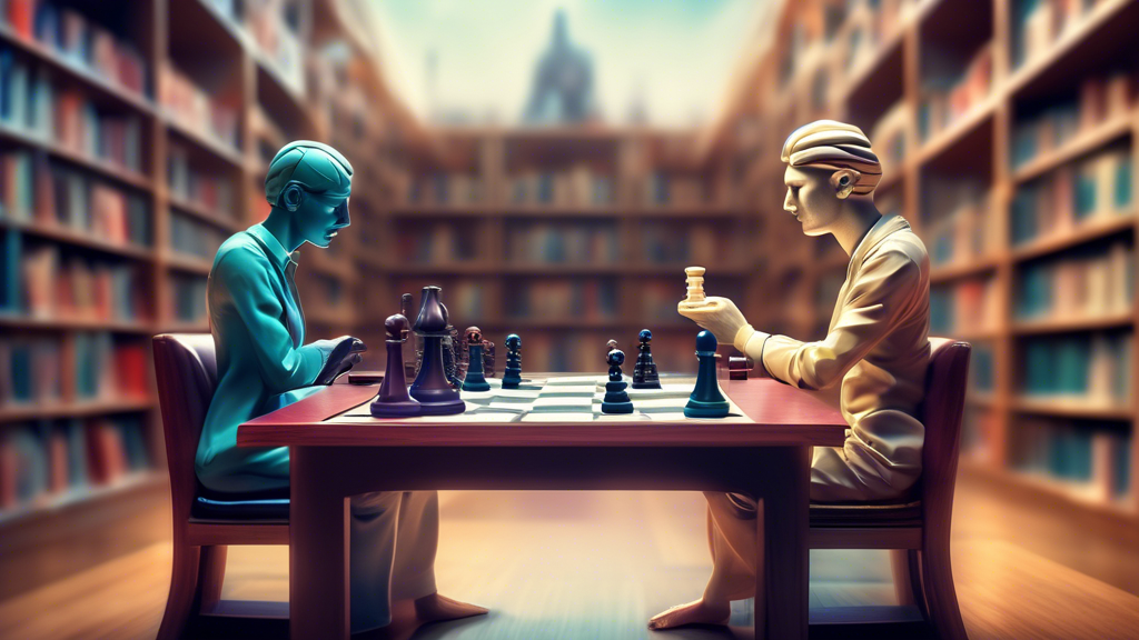 An artistic representation of two individuals playing chess in a surreal library where the chess pieces are shaped like different parts of the brain, illustrating the connection between the game and h