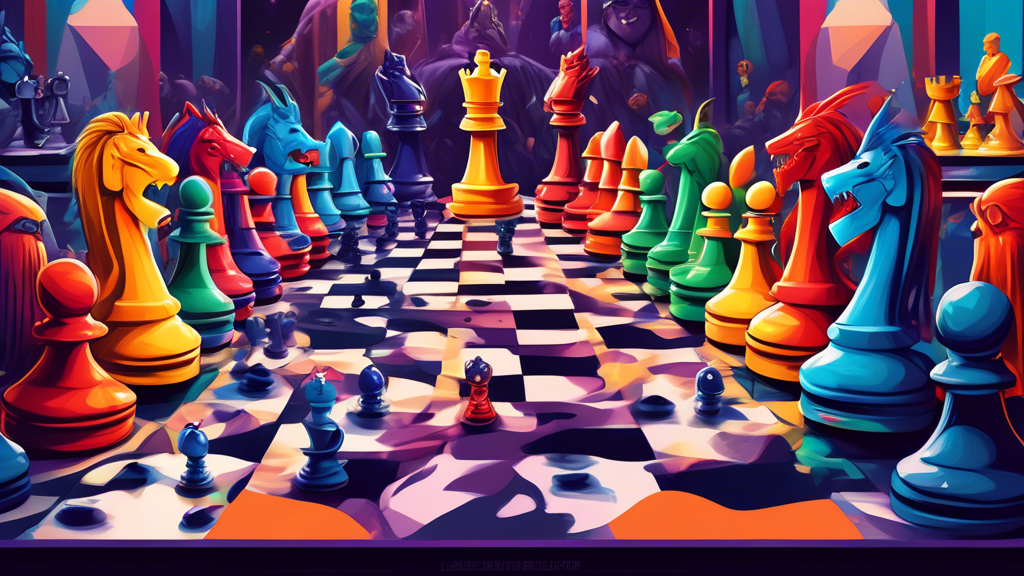 An artistically vibrant digital art piece showcasing a variety of chess sets inspired by different pop culture themes, such as superhero, sci-fi, fantasy, and famous movie franchises, set in a grand c