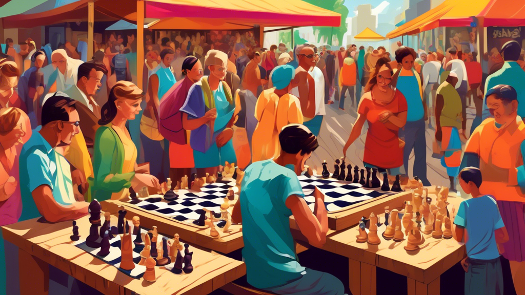 A vibrant market scene filled with various unique and antique chess sets displayed on wooden tables, with price tags showing huge discounts, amidst a diverse crowd of people of different ages and back