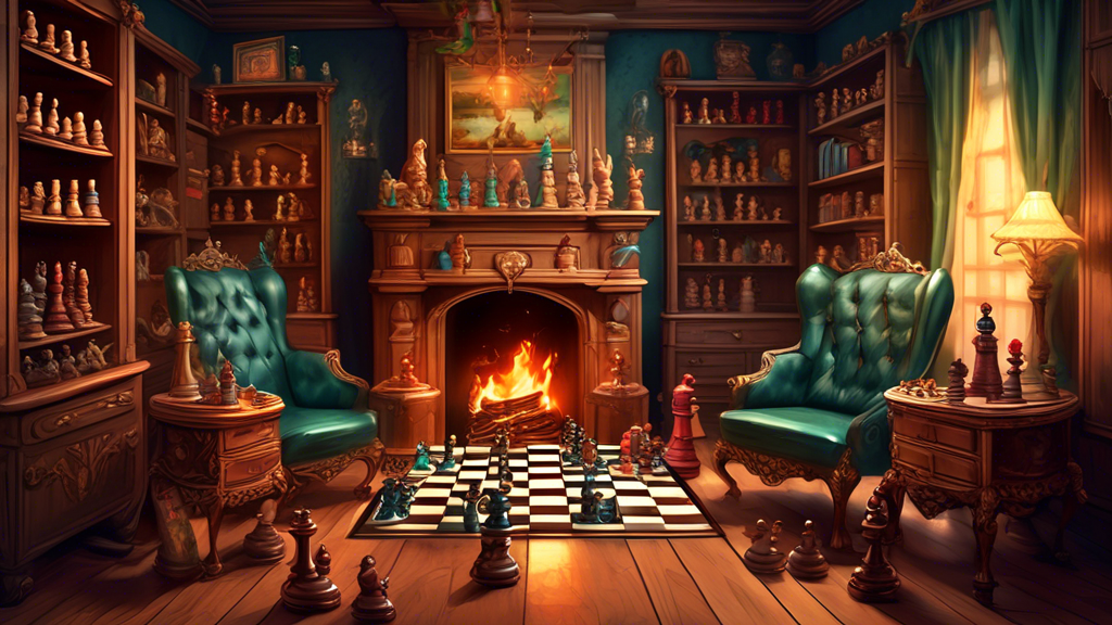 An intricately detailed collection of various chess sets, each with unique themes and materials, displayed in a cozy, well-lit room with shelves, a fireplace, and a vintage armchair, conveying a sense