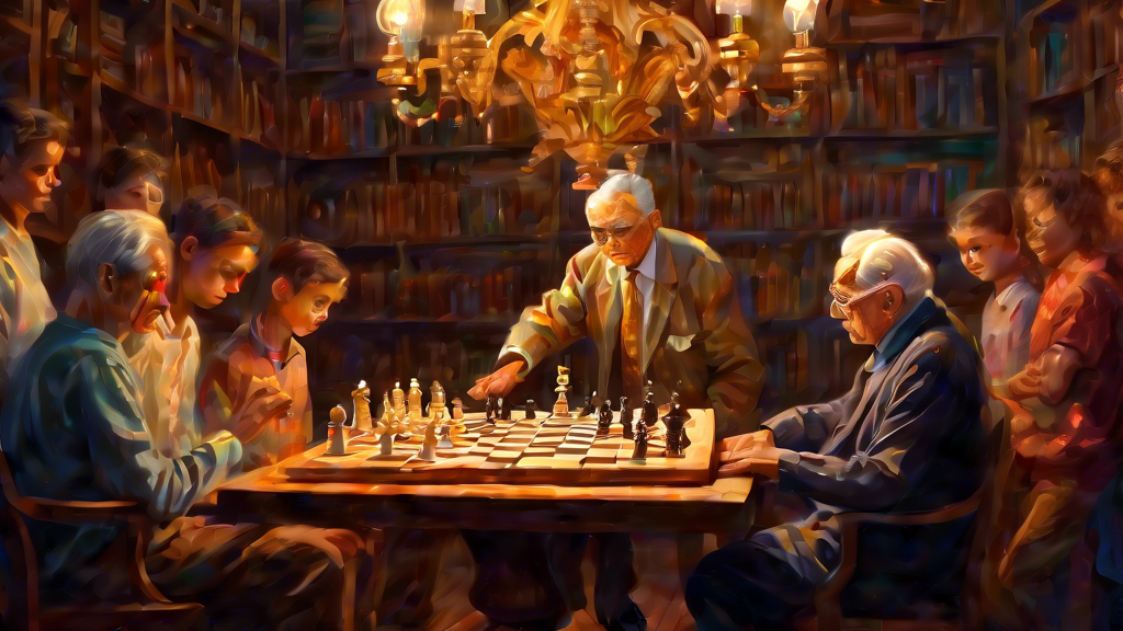 An intricate oil painting of an elderly grandmaster in a serene library, thoughtfully making a checkmate move on a beautifully carved wooden chessboard, with an audience of young, diverse spectators w