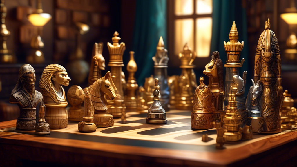 An artisan's workshop filled with luxurious chess sets, each themed differently: medieval, art deco, space explorers, and ancient Egypt. The scene shows the intricate craftsmanship of the chess pieces