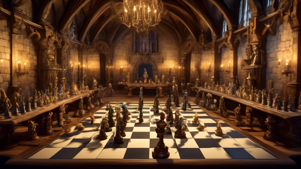 Create an intricate digital artwork of a whimsical chess tournament setting in a grand medieval castle hall, where myriad themed chess sets (dragons, knights, elves) are arranged, each accompanied by 
