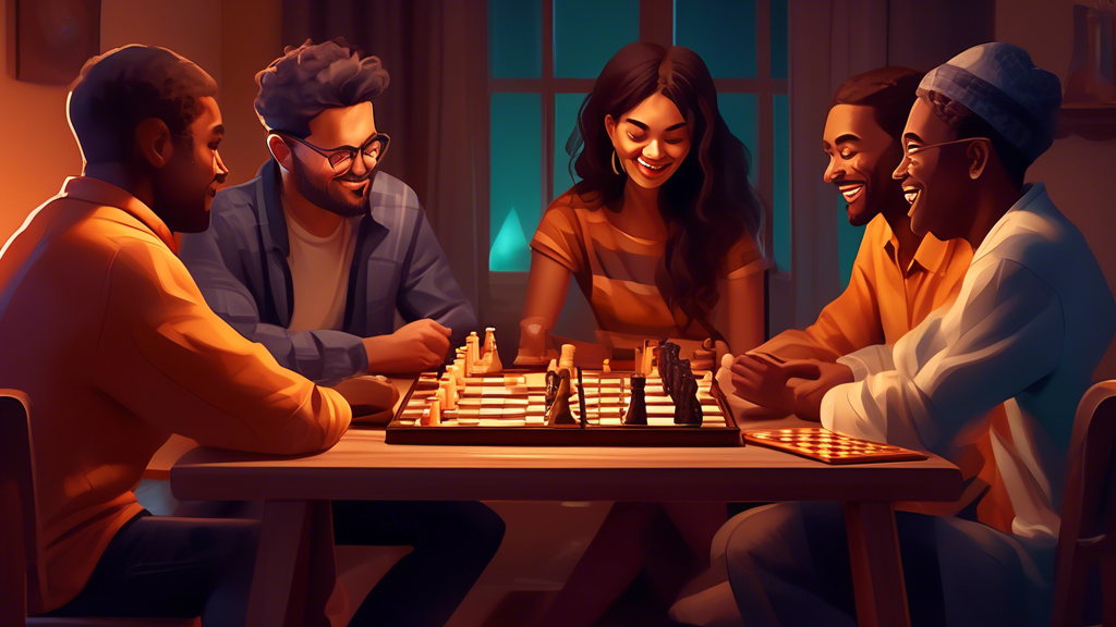 A cozy game night scene featuring a group of friends of diverse ethnic backgrounds gathered around an elegantly designed wooden chess and backgammon set, with ambient lighting and snacks on a small ta