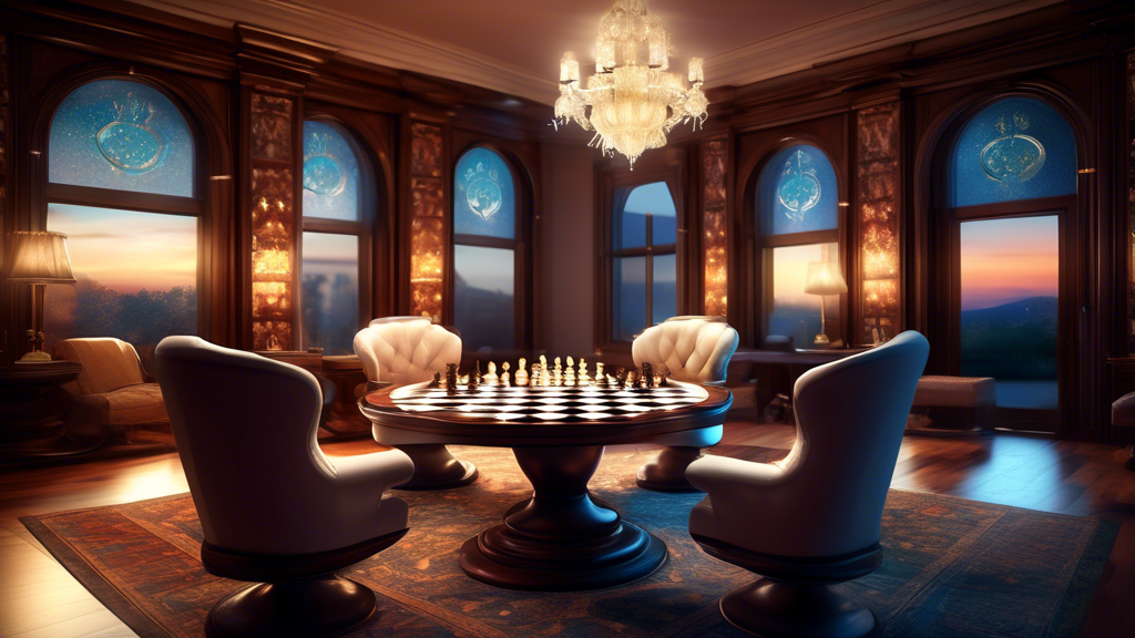 An elegant, high-end room with soft lighting featuring a luxury chess table made from exotic wood and inlaid with mother-of-pearl. Two beautifully upholstered armchairs flank the chess table, with a g
