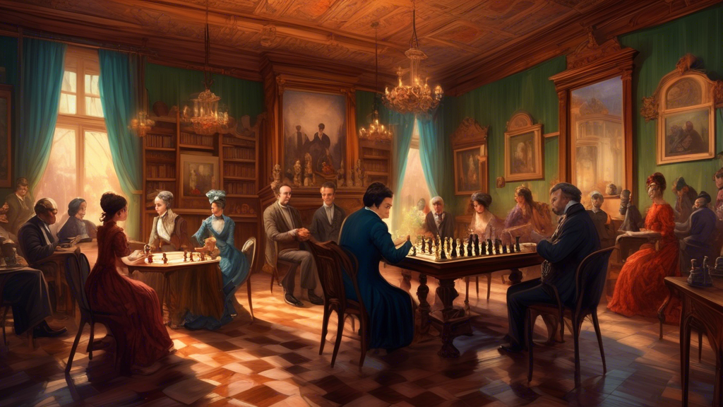 An elegant Victorian-style room filled with people of diverse backgrounds dressed in 19th-century attire, playing chess at ornately carved wooden tables, with paintings and old books lining the walls,