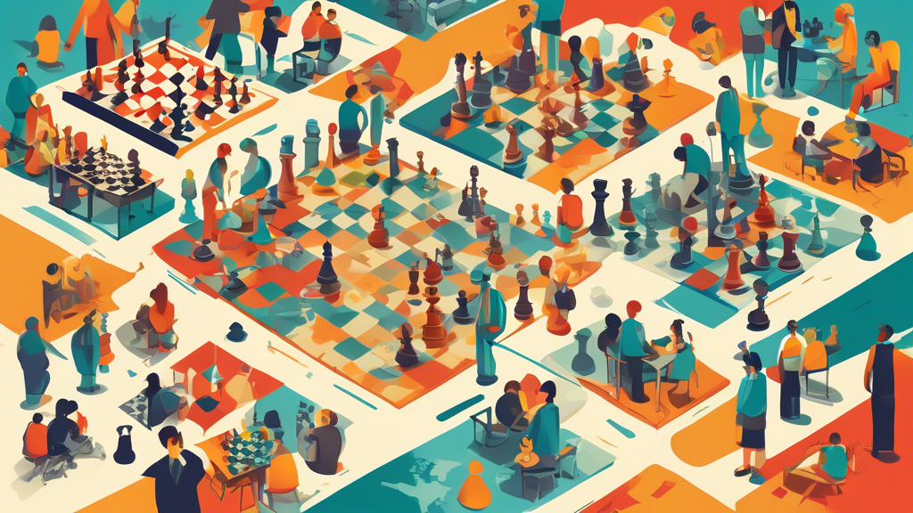 An illustrated map pinpointing various local chess clubs around a bustling city, filled with children of diverse backgrounds sitting at chess tables, engaged in games, with chess pieces floating above