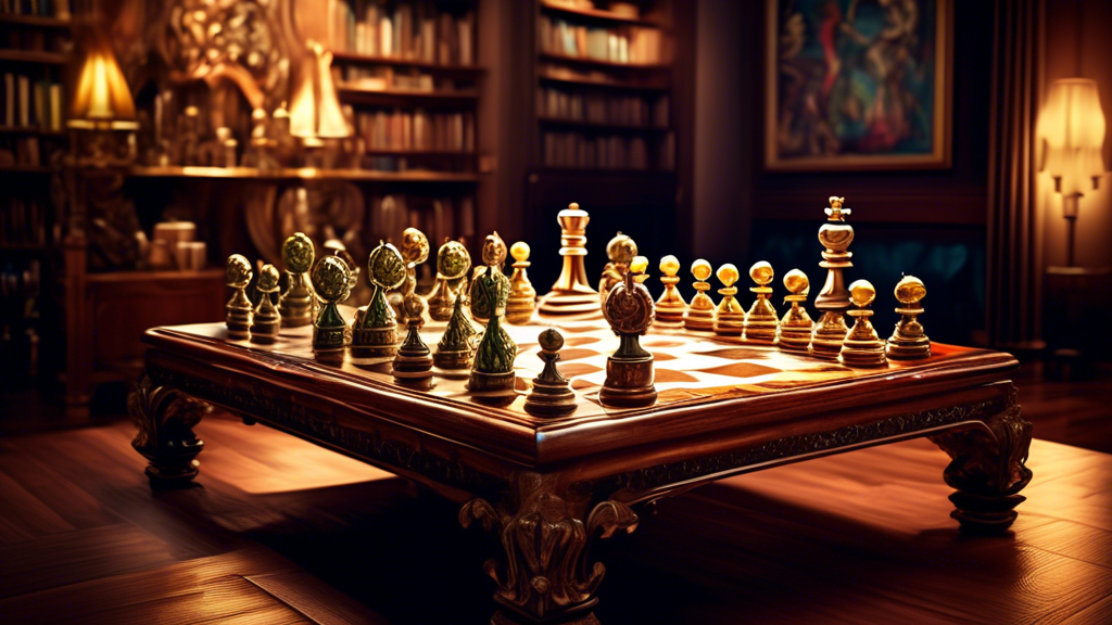 An array of ornate and luxurious chess sets displayed on a polished wooden table, each with unique themes ranging from medieval knights to abstract art, under soft, ambient lighting in an elegant libr
