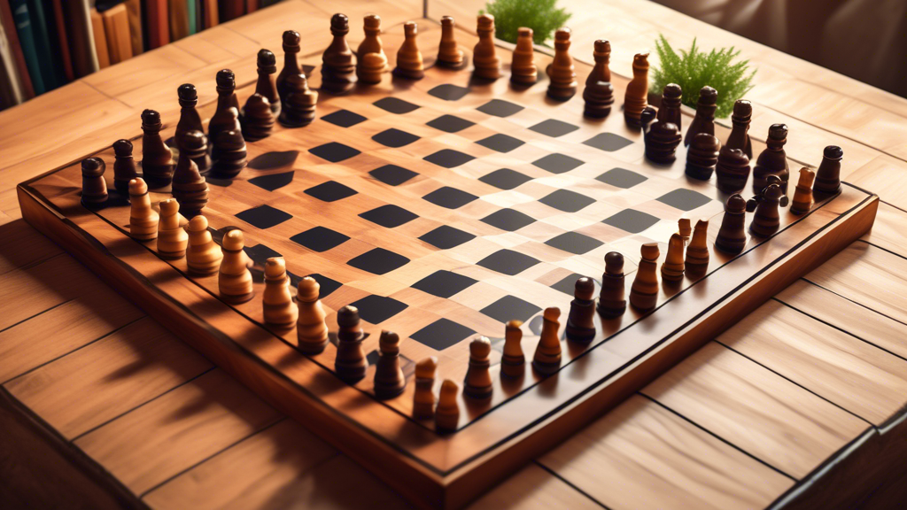 An overhead view of a beautifully crafted wooden hexagonal chess board, complete with intricately designed chess pieces arranged for the start of a game, set on a quaint table in a cozy, well-lit room
