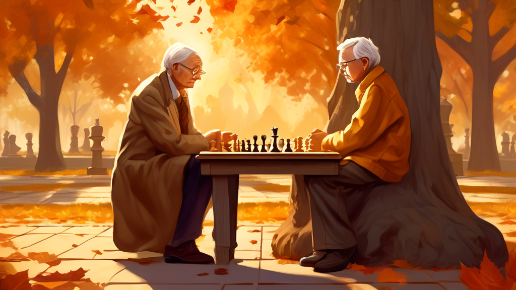 An intrigued young boy and an elderly chess master sitting at a park, playing chess on an ornate wooden chessboard. The boy is thoughtfully studying a book titled 'Understanding Chess Algebraic Notati