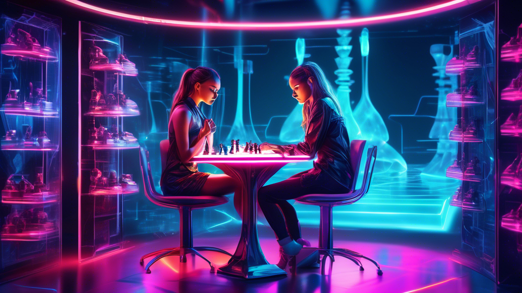 A digital artwork of a young woman sitting in a futuristic, neon-lit room, deeply focused while playing chess against a sophisticated, transparent computer chessboard displaying advanced AI algorithms