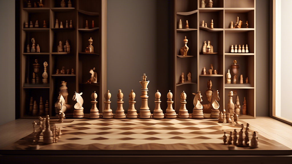 An elegant, modern living room with minimalist wooden shelves creatively displaying an ornate chess set, with each piece placed in individually crafted compartments, soft ambient lighting highlighting