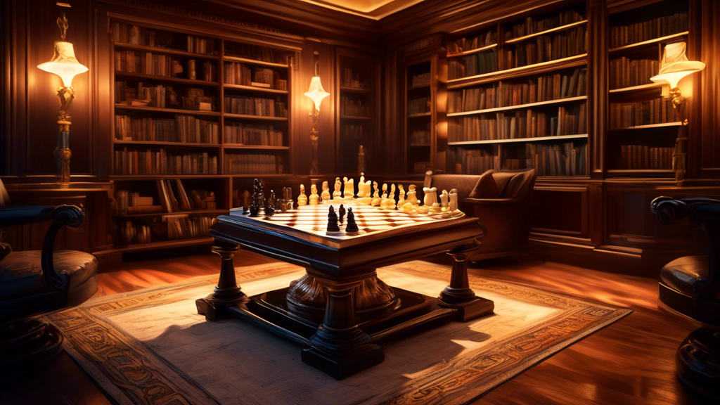 An opulent, finely-crafted wooden chess board, with elaborate inlays of ivory and ebony, set in a luxurious study room with shelves of classic books and a glowing fireplace in the background.