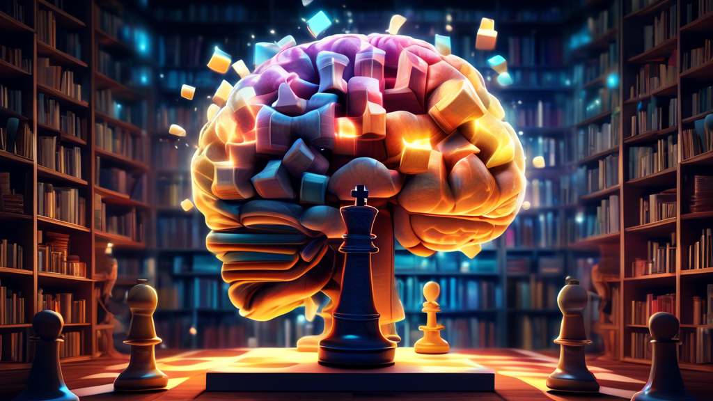 A visually striking digital artwork illustrating a giant, illuminated human brain composed of numerous glowing chess pieces, set in a tranquil library setting with books and chessboards around, highli