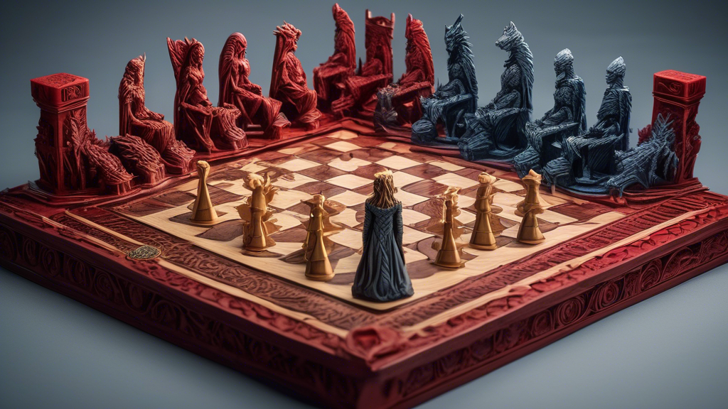 A beautifully detailed chess set inspired by Game of Thrones, featuring intricately carved pieces representing key characters and motifs from the series, set up for play on a custom board resembling a