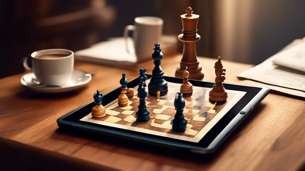 An illustrated PDF document open on a digital tablet, displaying detailed diagrams and explanations of chess piece movements, including knights, bishops, and queens, set on a cozy study table with a w