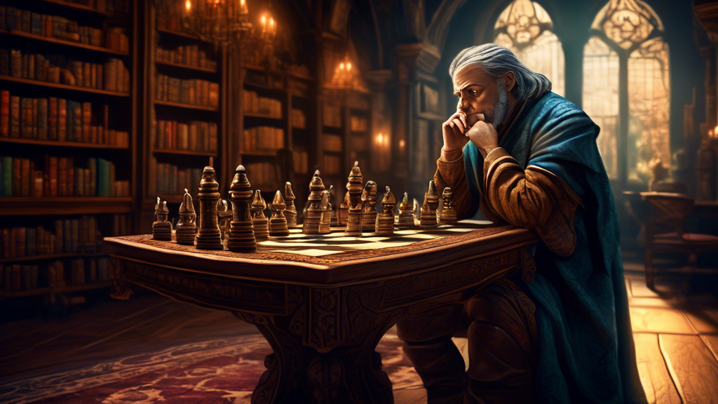 A medieval grandmaster pondering a move at an ornate wooden chess table, with characters representing strategy, conflict, and intelligence in the background, in a dimly lit, ancient library setting.
