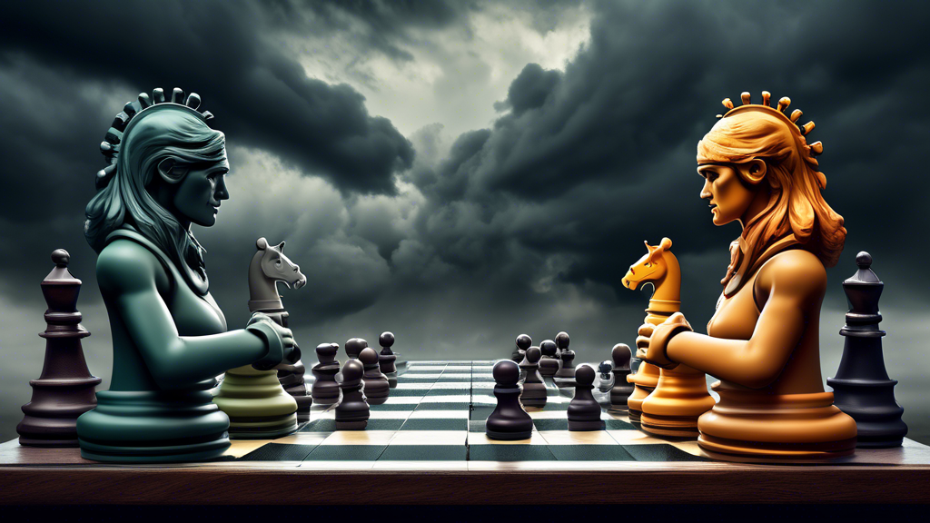 An intelligent, tense scene of two diverse individuals deeply focused on a chess game, with a stormy sky and chess pieces that look like real warriors floating above them, symbolizing the battle of mi