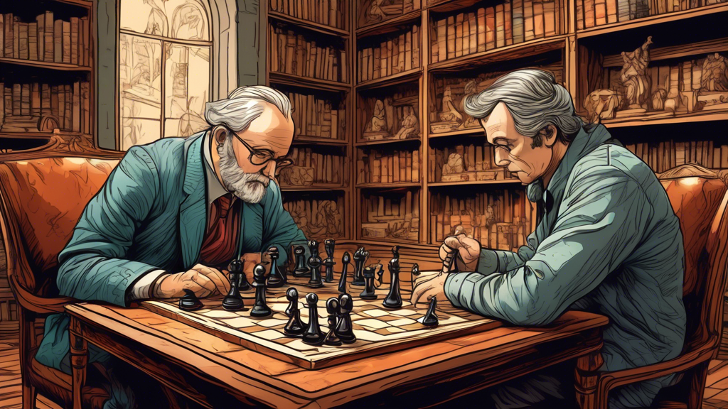 a beautifully detailed, hand-drawn illustration of two chess grandmasters intently analyzing a complex chessboard setup, with an almost complete game indicating a draw, in a serene, historical library