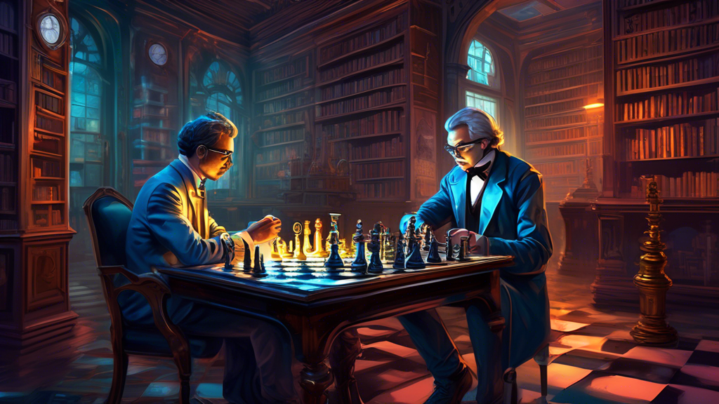 A digital painting of two individuals, one resembling a modern-day scientist and the other a historical figure akin to a 19th-century gentleman, deeply engrossed in a futuristic chess game with a holo