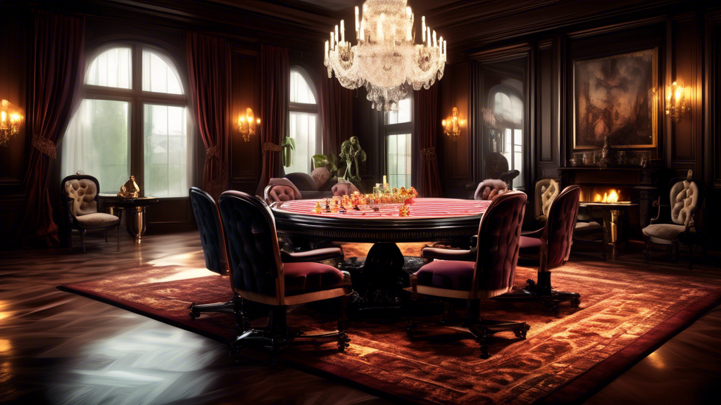 An opulent room with a large mahogany table, featuring an intricate, luxury draughts set made of polished ebony and ivory, lit by a crystal chandelier, surrounded by plush velvet chairs, and a firepla