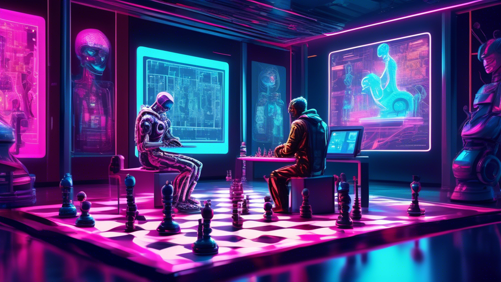 Detailed digital artwork of a tense chess match between a human player and an anthropomorphic AI robot, set in a futuristic, neon-lit room, with digital screens displaying complex algorithms and chess
