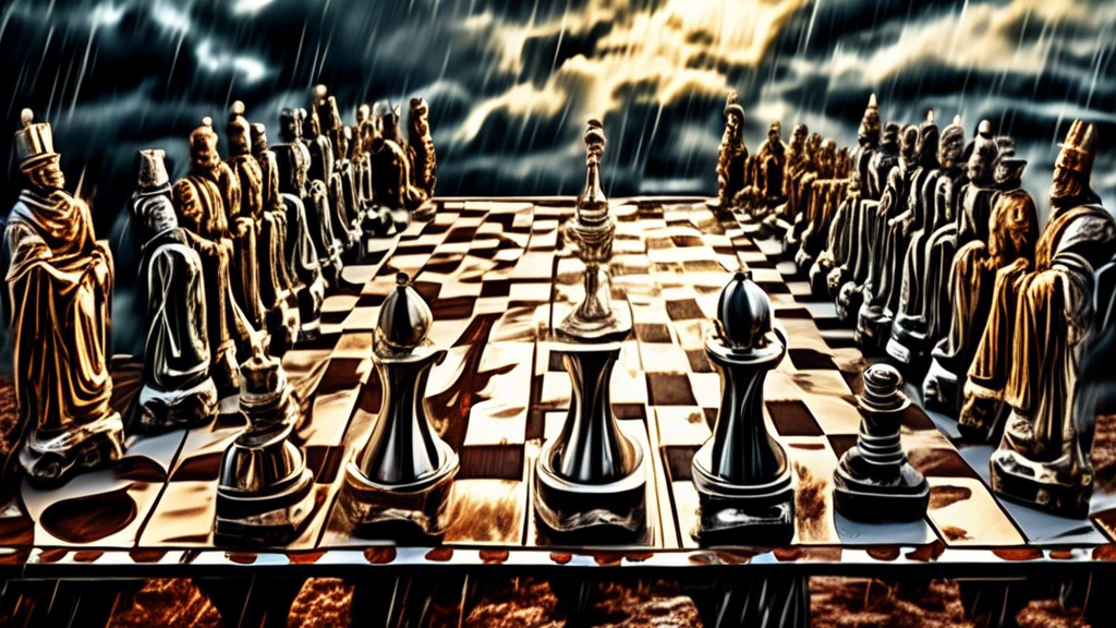 Imagine a dramatic scene at a grand medieval style chessboard under a stormy sky, where each chess piece is creatively combined with elements of futuristic firearms. The kings are wielding elaborate s