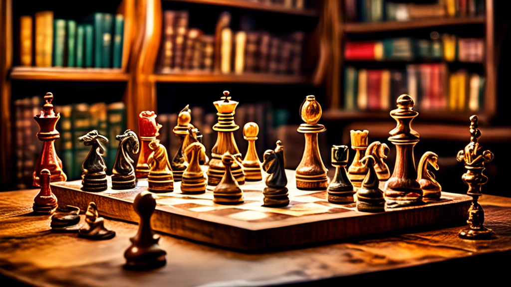 An elegant chess set collection on an antique wooden table with various styles of chess pieces and boards, including unique and rare designs, in a cozy, well-lit vintage library setting, with a visibl