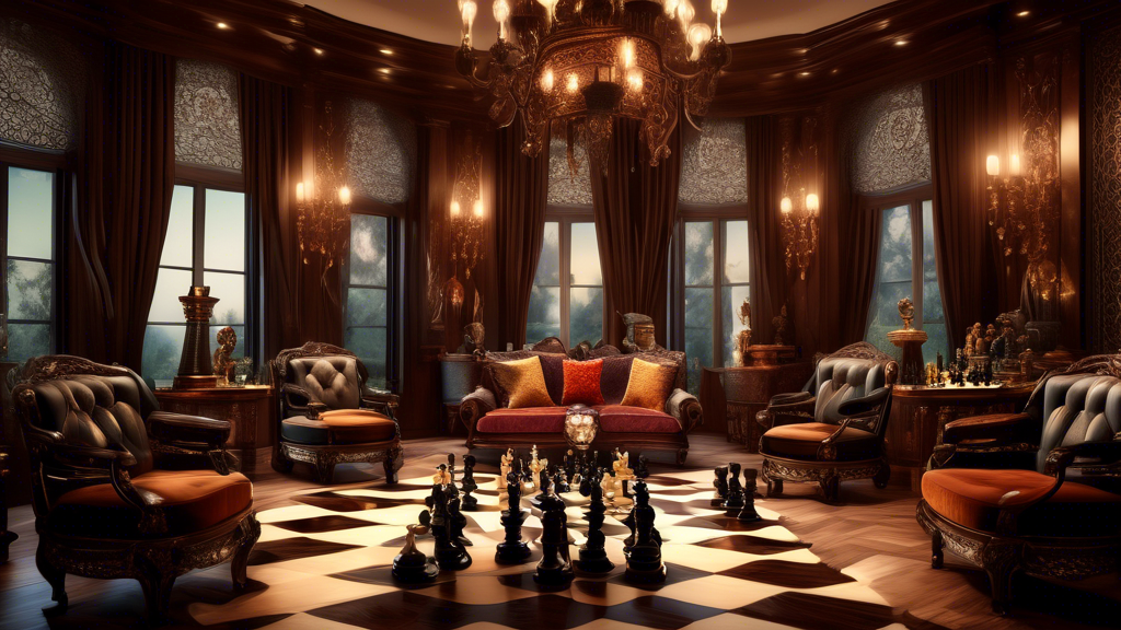 An opulent living room with a grand fireplace, featuring a large, intricately carved luxury chess set made of ebony and ivory, placed on a mahogany table with velvet chairs around, soft lighting illum