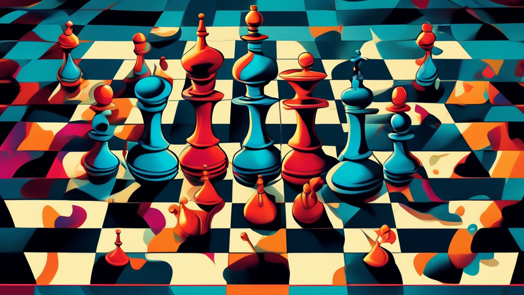 An artistic interpretation of a surreal chess board where pawns move sideways, featuring a whimsical animated design in a vibrant, highly detailed setting.