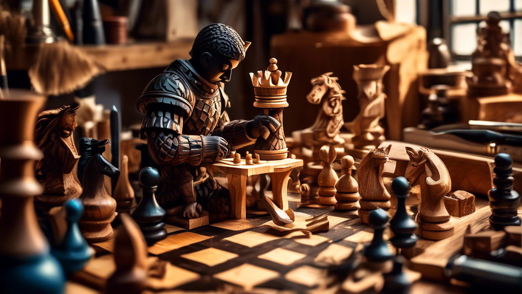 Artisan meticulously carving an intricate knight chess piece from ebony wood in a sunlit, cluttered workshop, surrounded by various carving tools and wood shavings.