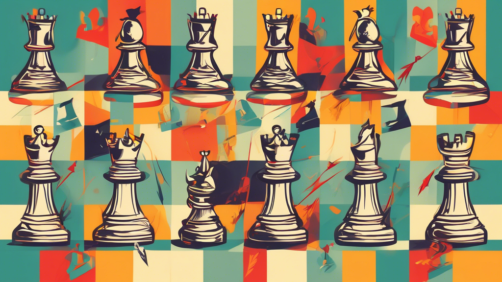 An illustrated chessboard with traditional chess pieces, each highlighted to show their possible movements, with arrows indicating how knights can jump over other pieces in a whimsical, animated style