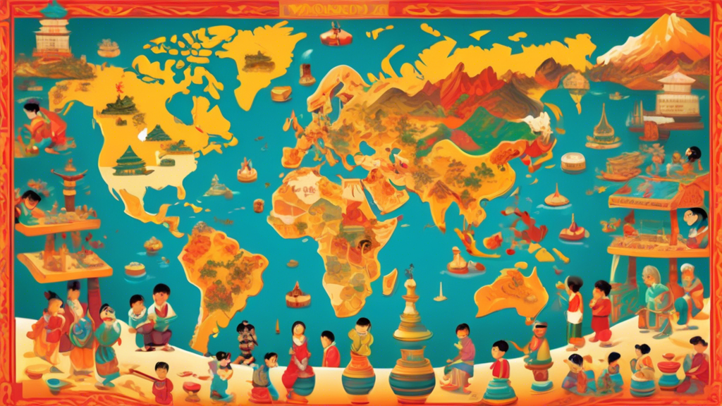 An illustrated world map with children from various cultures playing different traditional board games similar to chess, including Xiangqi from China, Shogi from Japan, Makruk from Thailand, and Jangg