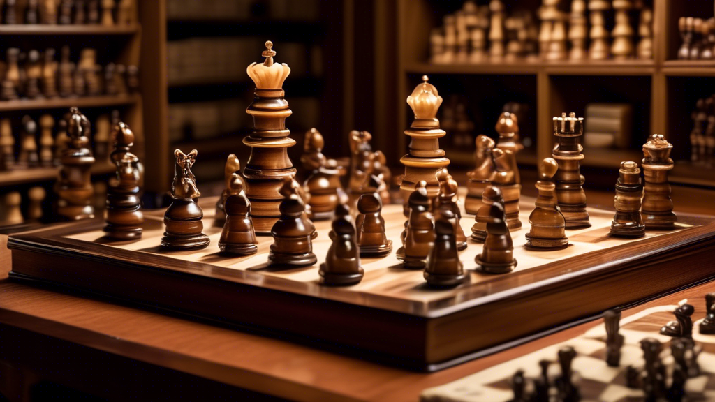 An elegant chess study with a variety of unique chess setups on display, including wooden, glass, and marble chess boards with intricately detailed pieces, under warm, inviting lighting. Each set is a